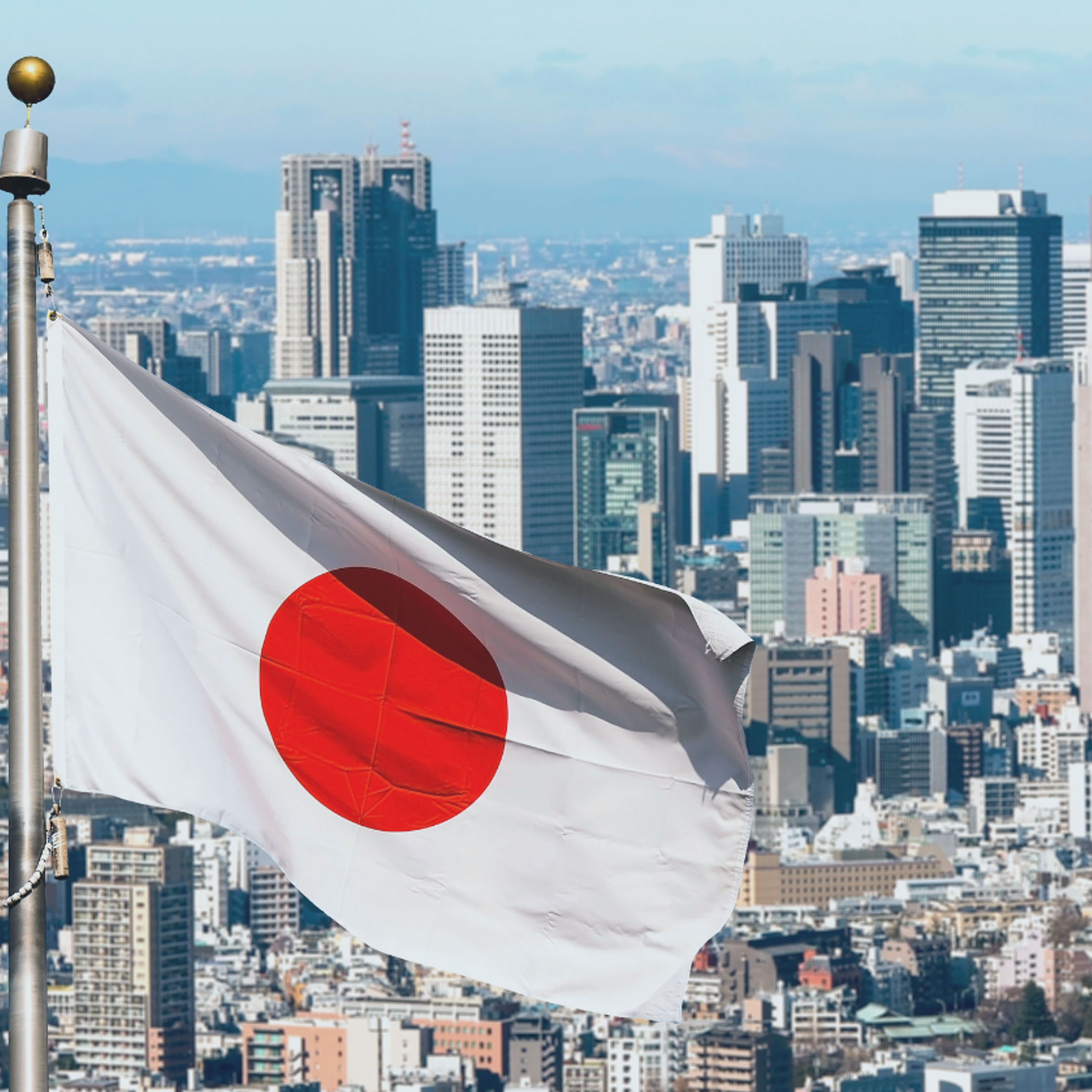 Drapeau japonais et vue sur la ville de Tokyo