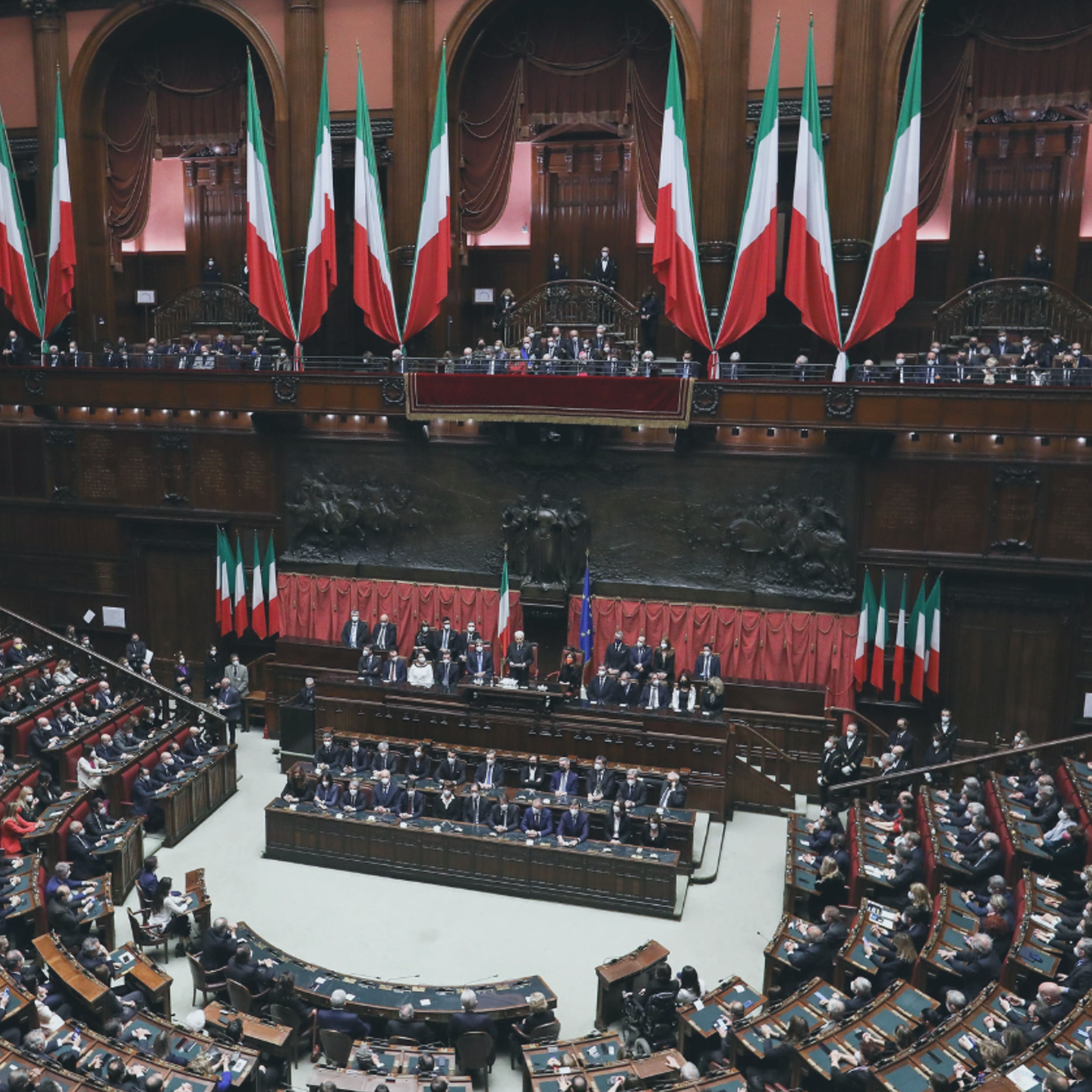 Rome, Italie - 3 février 2022 : Une vue d'ensemble des Chambres des Députés lors de la cérémonie de prestation de serment de Sergio Mattarella, président de l'Italie nouvellement élu, à Rome.