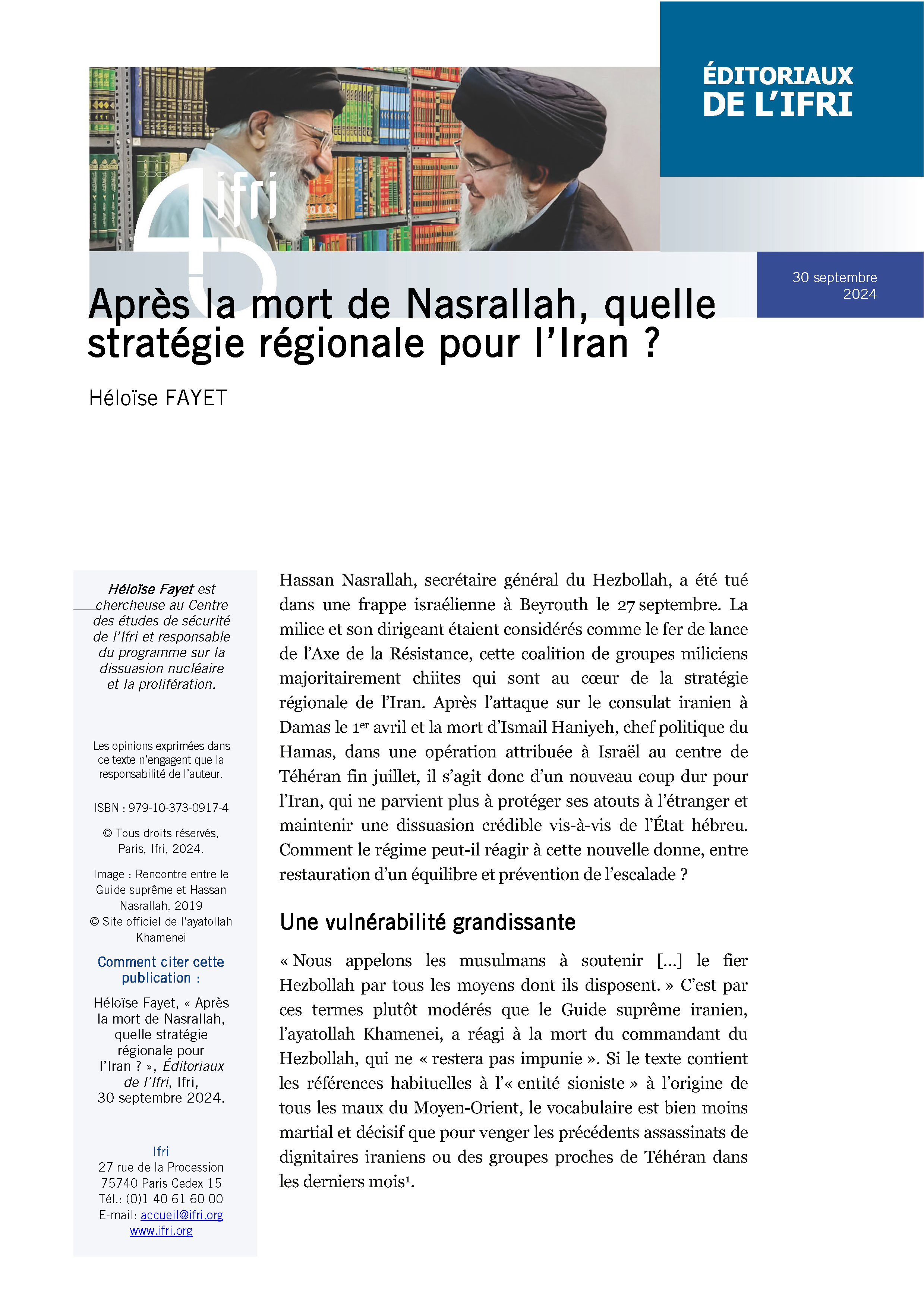 Après la mort de Nasrallah, quelle stratégie régionale pour l’Iran ?