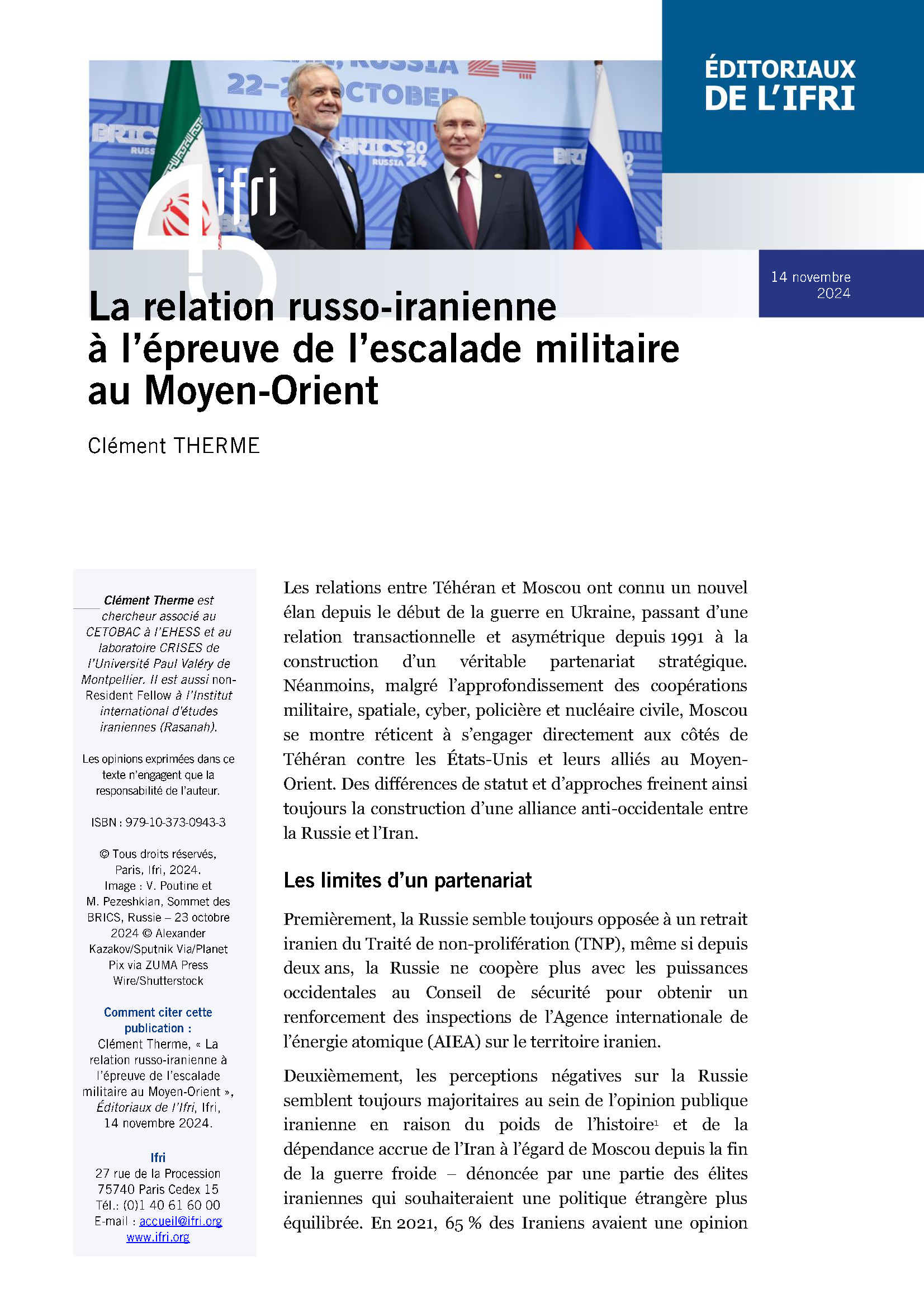 La relation russo-iranienne à l'épreuve de l'escalade militaire au Moyen-Orient - Clément Therme