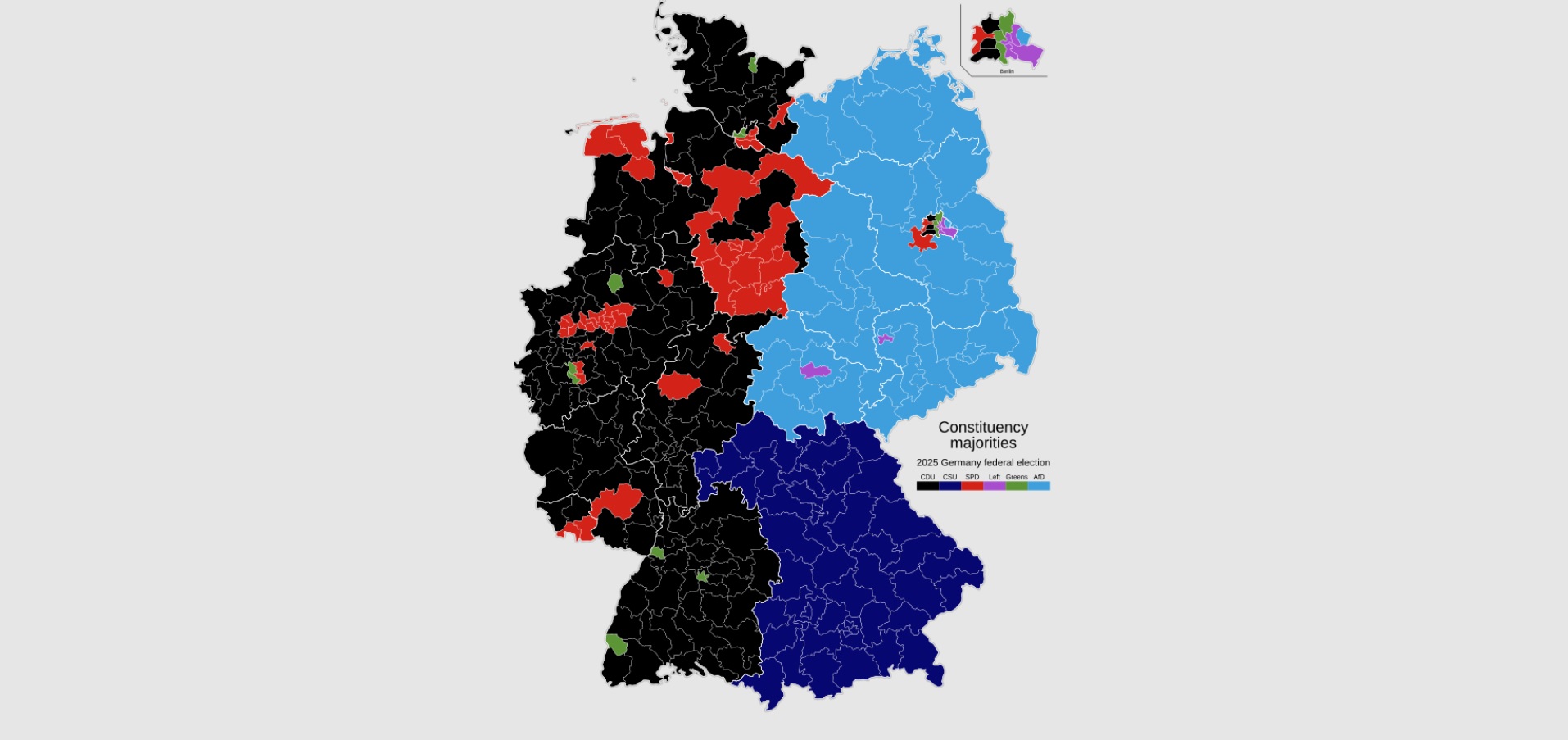 Winning party of the single-member-constituencies in the 2025 German federal election © Geobasis-DE / BKG