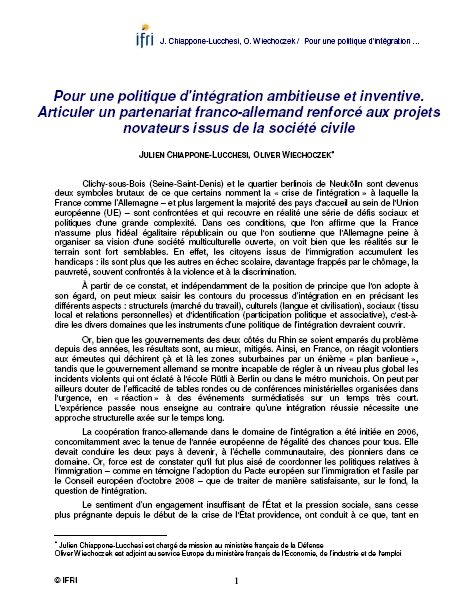 Pour une politique d'intégration ambitieuse et inventive. Articuler un partenariat franco-allemand renforcé aux projets novateurs issus de la société civille