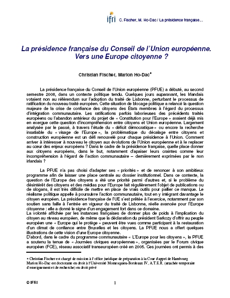 La présidence française du Conseil de l'Union Européenne. Vers une Europe citoyenne ?