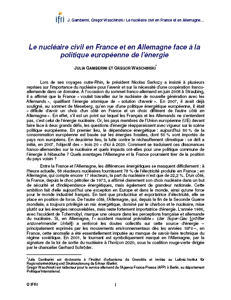 Le nucléaire civil en France et en Allemagne face à la politique européenne de l'énergie