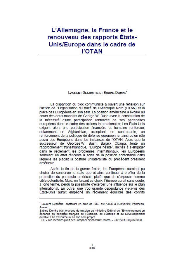 L'Allemagne, la France et le renouveau des rapports États-Unis/Europe dans le cadre de l'OTAN