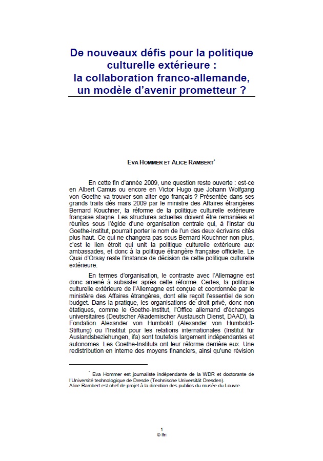 De nouveaux défis pour la politique culturelle extérieure: la collaboration franco-allemande, un modèle d'avenir prometteur? 