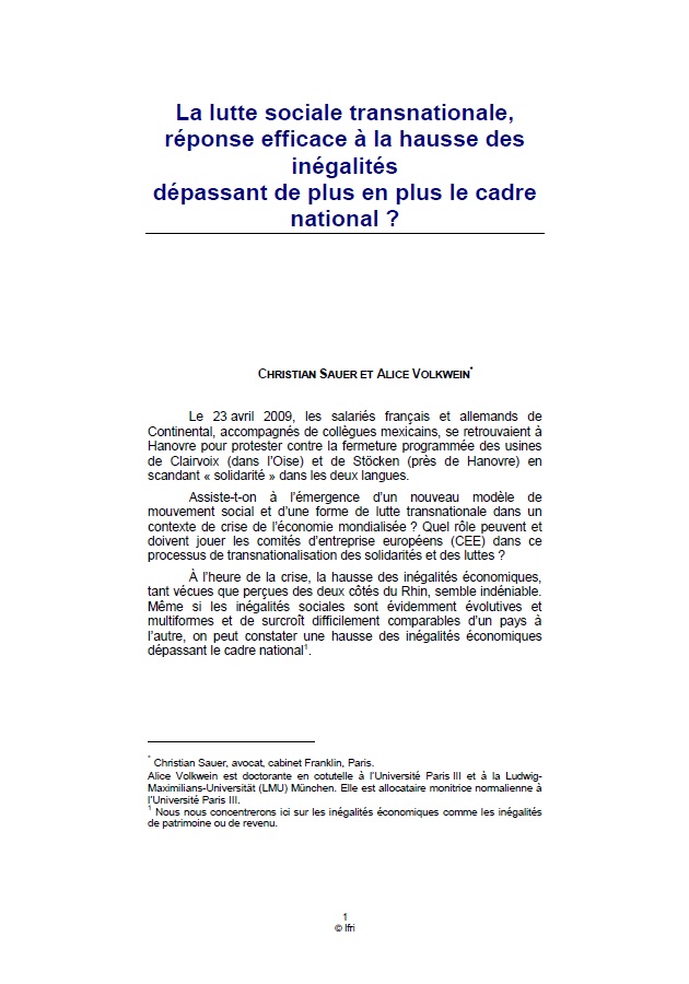 La lutte sociale transnationale, réponse efficace à la hausse des inégalités dépassant de plus en plus le cadre national? 