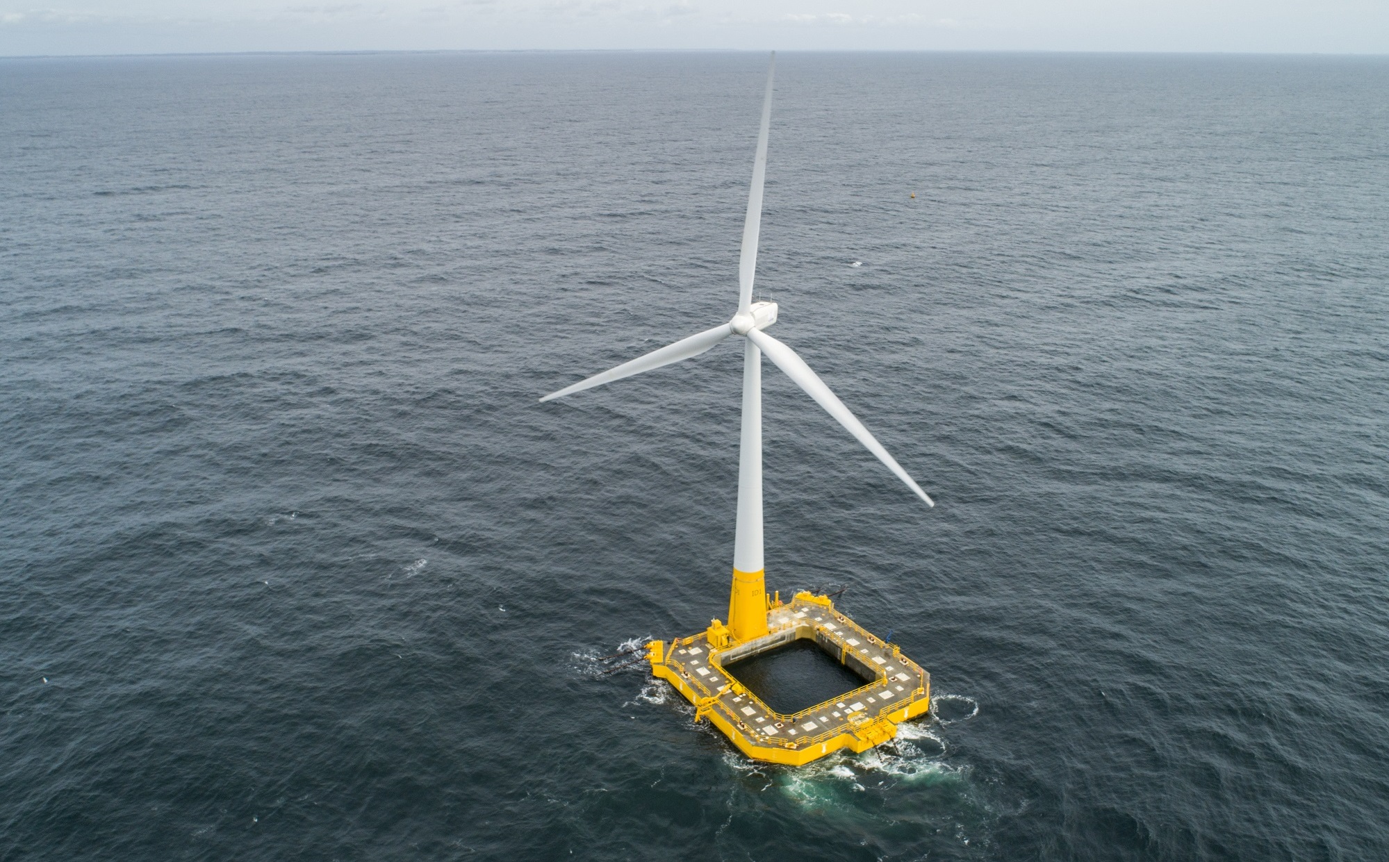 The Floatgen floating wind turbine, equipped with the Ideol float, installed on the SEM-REV (Centrale Nantes) off Le Croisic. 