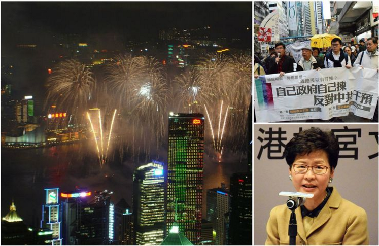 Honk Kong, 10 years of retrocession, 1st July 2007/Hong-kong, civil human rights front protests, 25 March 2017/Carrie Lam at Hong Kong Palace Museum Press Conf., 10 January 2017 • Source: Wikicommons Tksteven/Iris Tong