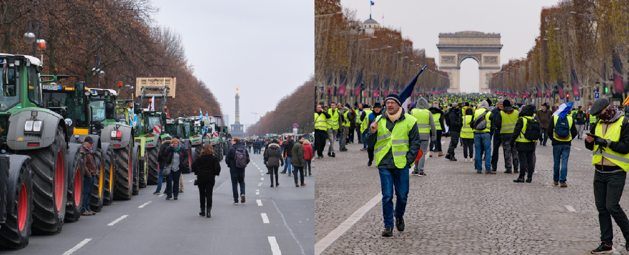 (Left) Berlin, December 18, 2023: Farm Tractors in Front of the Brandenburg Gate; (right) Paris, December 15, 2018: 5th "Gilets jaunes" Demonstration.