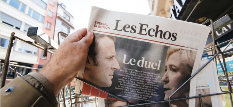 Shutterstock - Emmanuel Macron and Marine Le Pen in the French newspaper Les Echos the day after the first round of the French presidential election on April 10, 2022