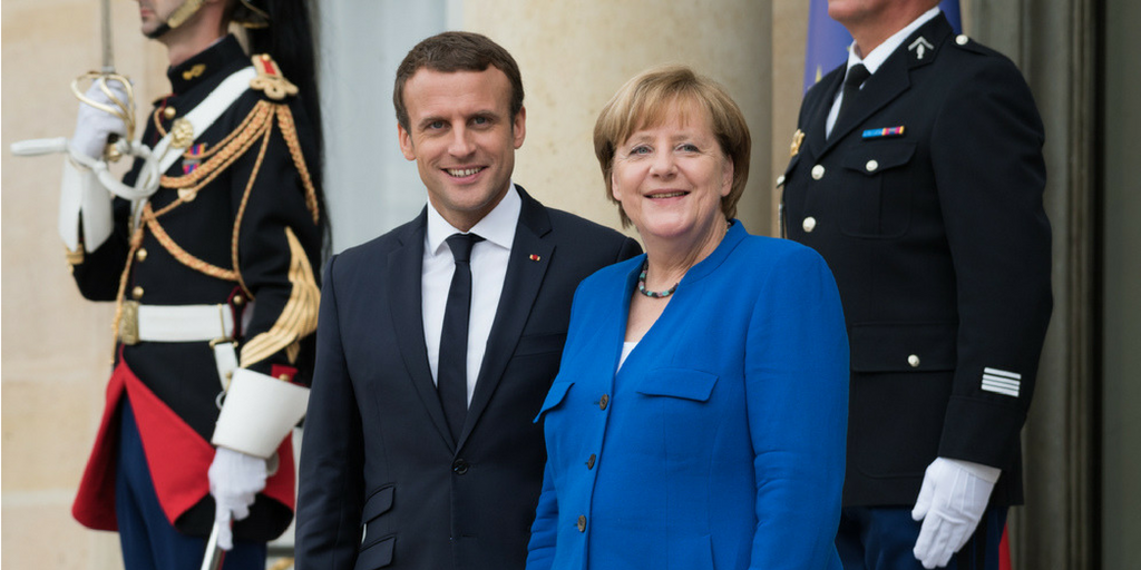 Paris, France - July 13, 2017 : Chancellor Angela Merkel with President Emmanuel Macron at the Elysee Palace