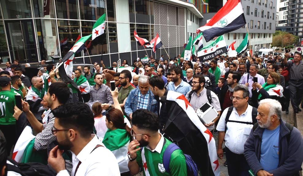 A protest against Syrian President Bashar Assad in Brussels, Belgium on Sept. 8, 2018.