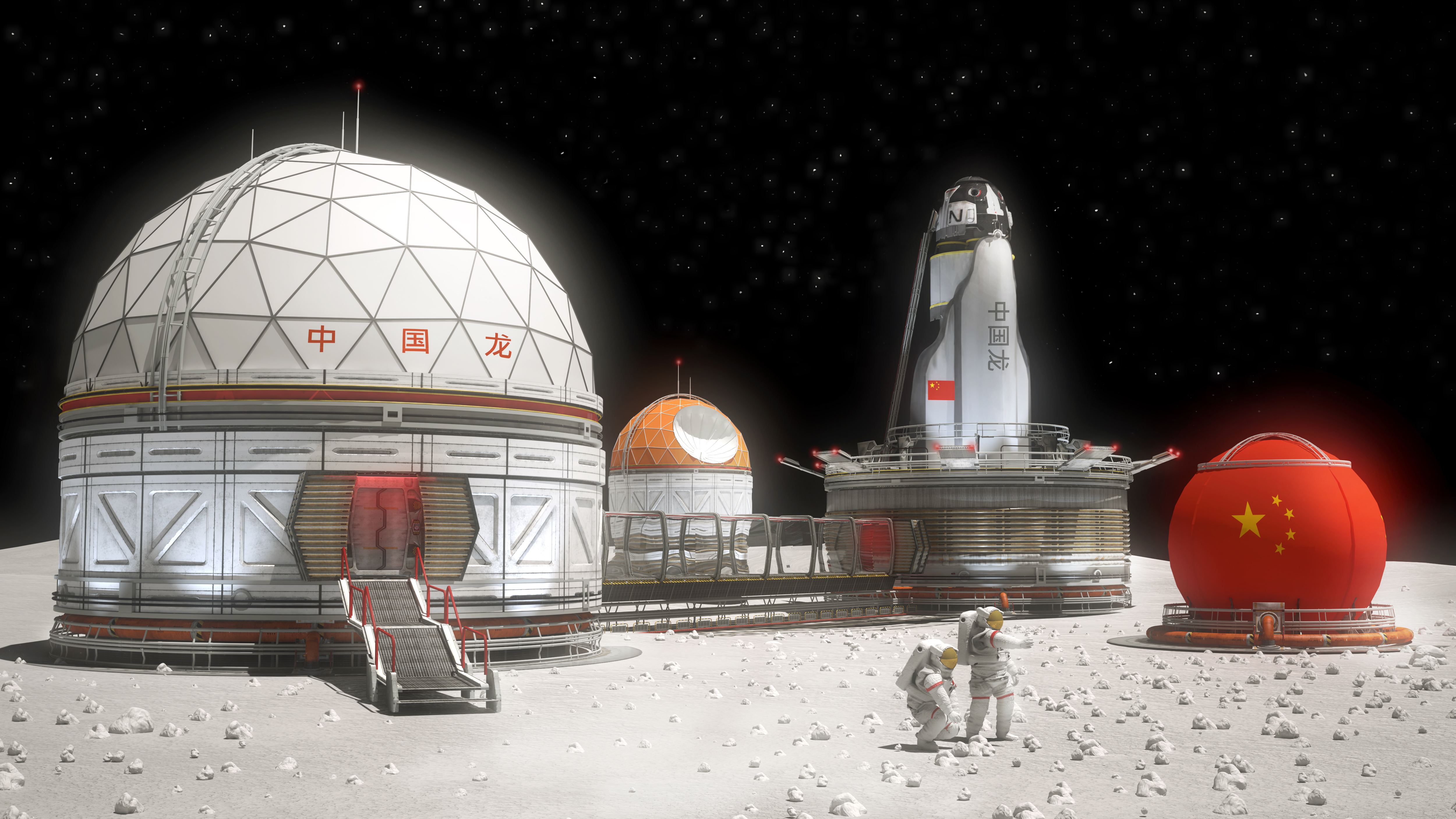 Concept of a futuristic 3d illustration of a China base in the Moon dark side. The chinese letters means Chinese dragon, a non real name for the lunar mission in the concept.