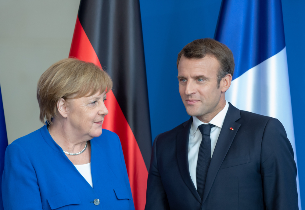 Posing after the statements: German Chancellor Angela Merkel and the French President Emmanuel Macron at the chancellery in Berlin, Germany. September 22, 2021