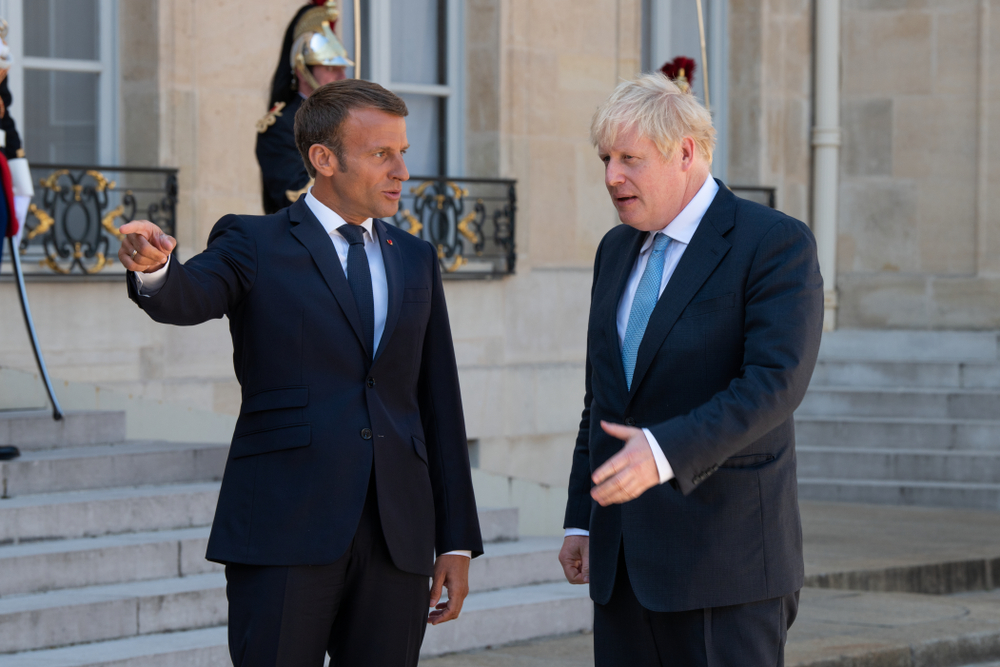 Paris, FRANCE - 22th august 2019 : French President Emmanuel Macron welcoming Prime Minister of United Kingdom Boris Johnson