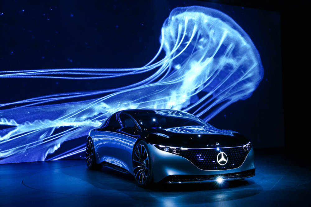 Francfort-sur-le-Main, Allemagne - 17 septembre 2019 : première mondiale de la voiture de luxe Mercedes-Benz Vision EQS au salon de l'automobile de Francfort IAA 2019 (Internationale Automobil Ausstellung)