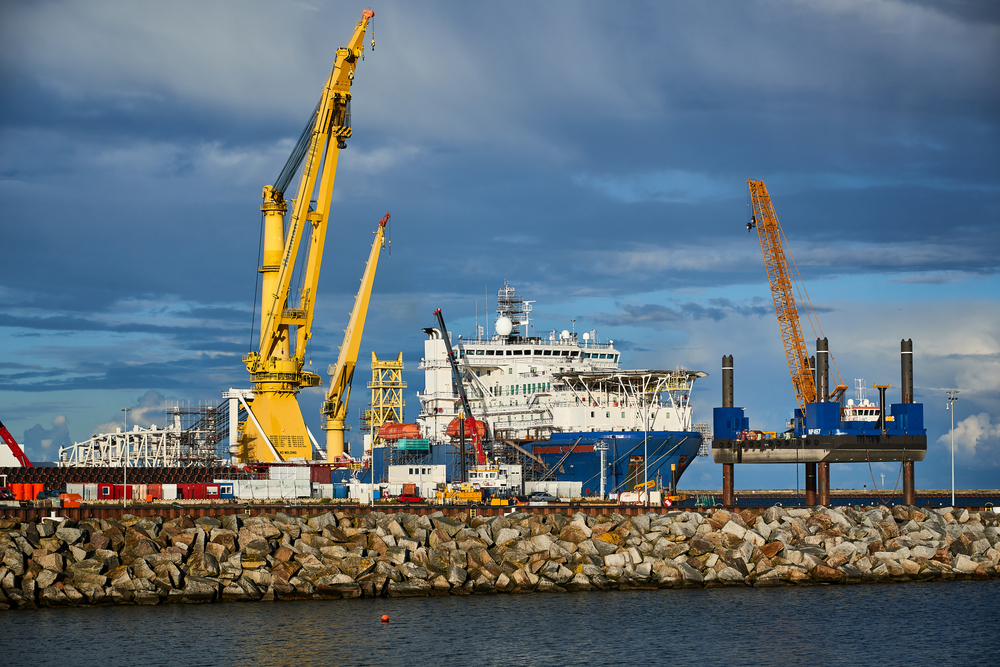 Sassnitz-Mukran, Germany, 09-06-2020: ussion laying ship "Akademik Tscherski" preaparing for Nordstream project