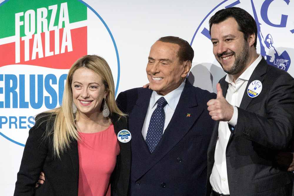 Giorgia Meloni, leader of Brothers of Italy, Silvio Berlusconi, leader of Forza Italia and Matteo Salvini, leader of the League 