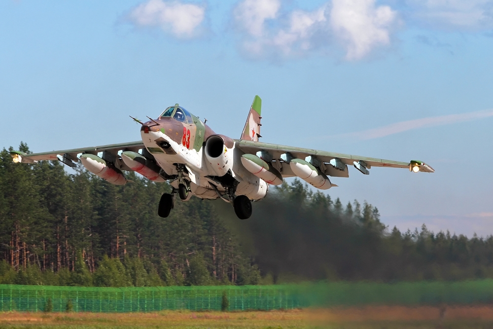 Russian Air Force Sukhoi Su-25 bomber in flight, July 26, 2020.