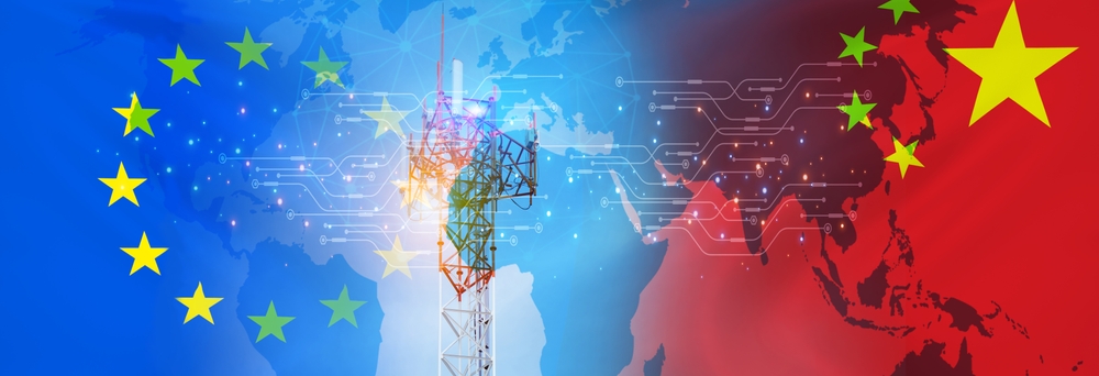 Chinese 5g technology in the EU concept. Telecommunications tower for 5g network. The flags of Europe and China. Communication technologies. 5g mobile or telecommunications network. Network connection company. 5g service.