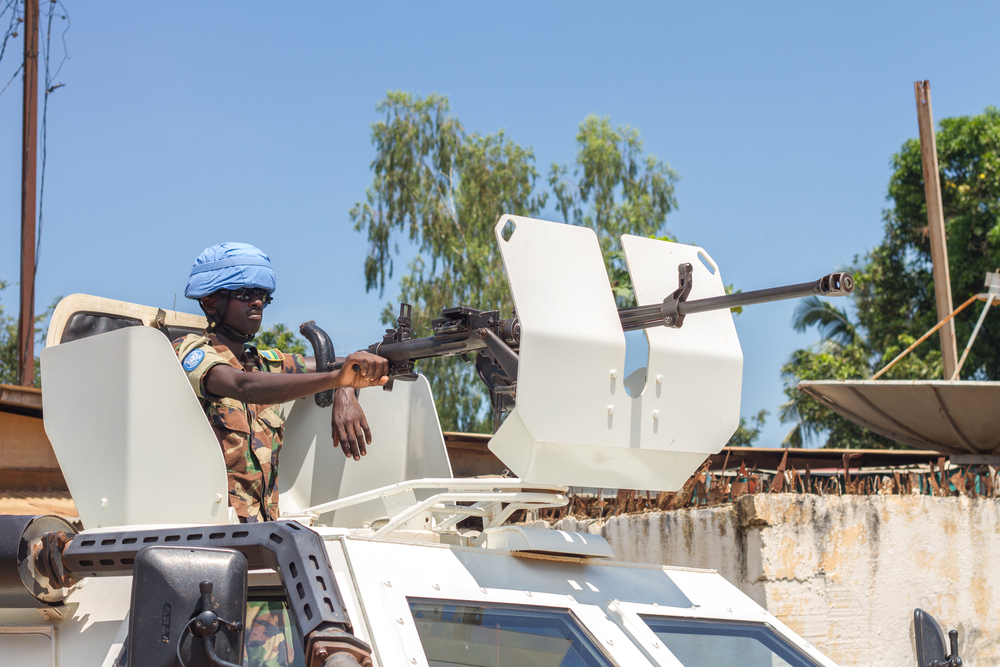 Casque bleu en patrouille à Bangui, août 2014