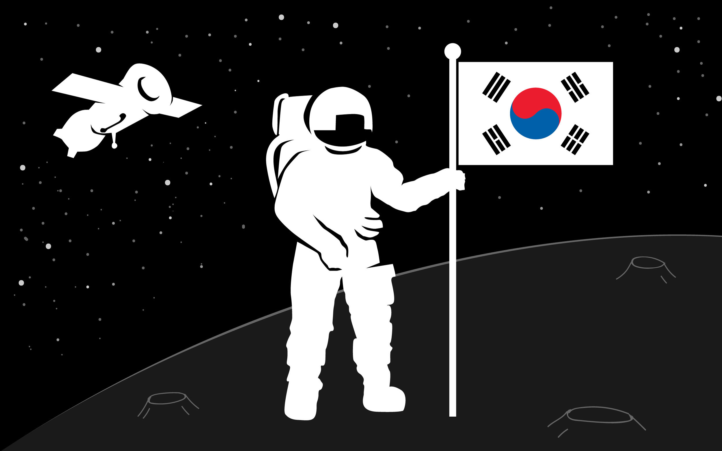 Astronaut in a spacesuit places a flag of their country on the planet's surface. A spaceship flying among the stars. Man in open space. Silhouette. Flag of South Korea. Vector.