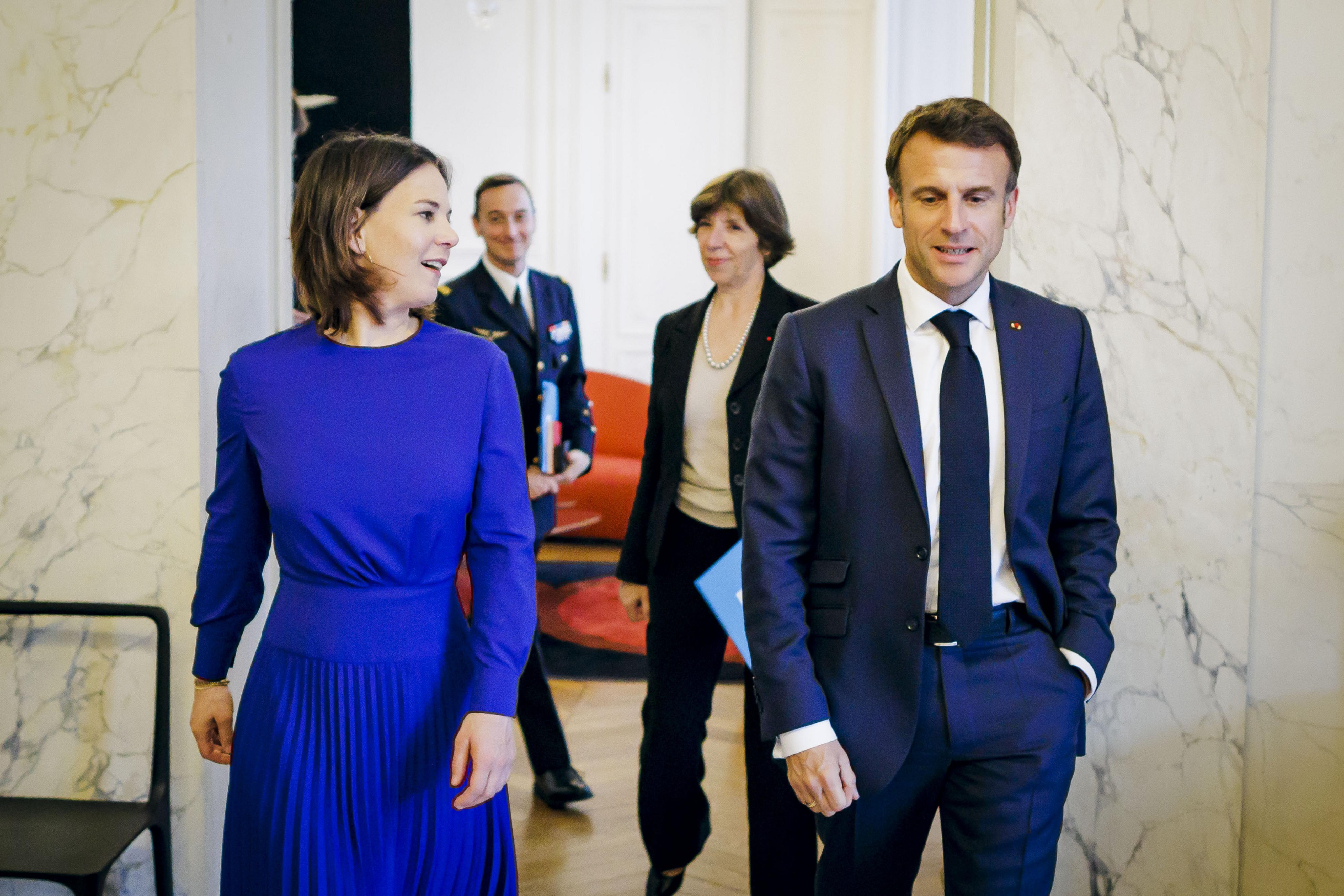 Annalena Baerbock (Buendnis 90 Die Gruenen), German Foreign Minister, meets the President of the French Republic, Emmanuel Macron, at the Elysee Palace. Paris, 09.05.2023, Paris, France