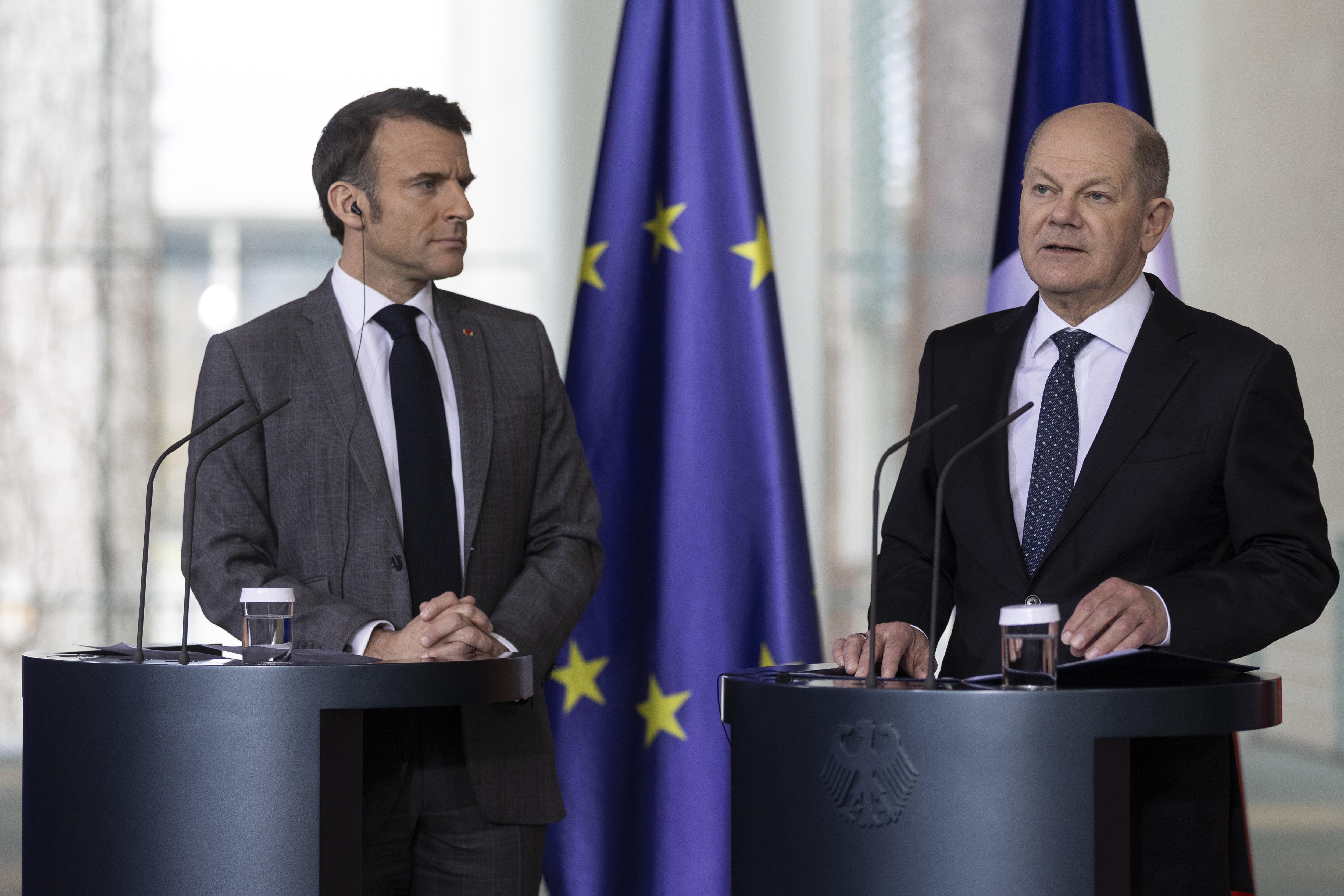 Olaf Scholz, chancelier fédéral et Emmanuel Macron, président de la République française, lors d'une conférence de presse, Berlin - 15 mars 2024