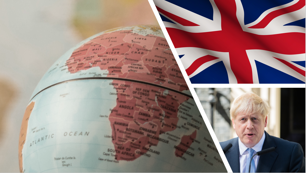 Globe tourné vers l'Afrique, drapeau du Royaume-Uni et Boris Johnson